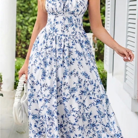 Scarlet Darkness Dresses & Skirts - Blue and White Halter Maxi Sundress for Weddings